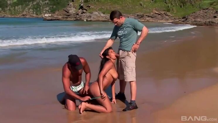 Brunette's Beachside Threesome with Cumshot and Facial