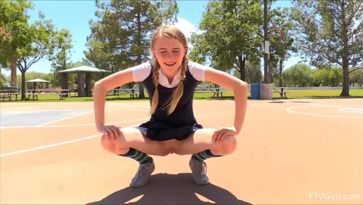 Blonde Sharlotte Shows Off in Public with Pigtails