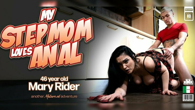 Hot cougar Mary Rider gets anal creampie in the kitchen