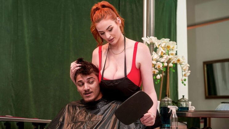 Busty redhead gets cum on tits after handjob